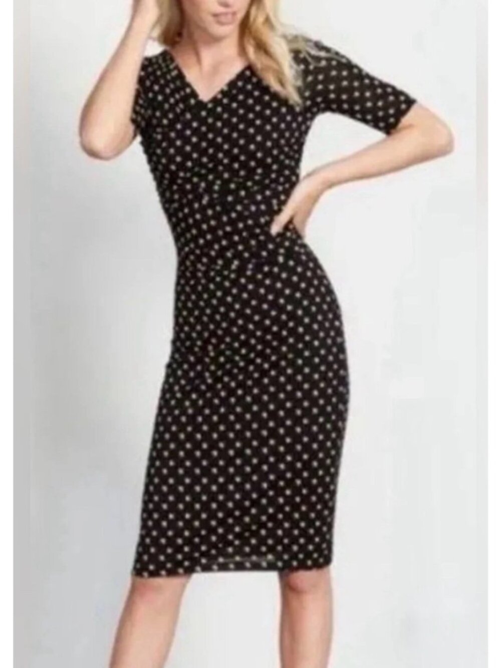 BODEN Black Polka Dot Print Rita Short Sleeve Ruched Chest Midi Dress Size 4R